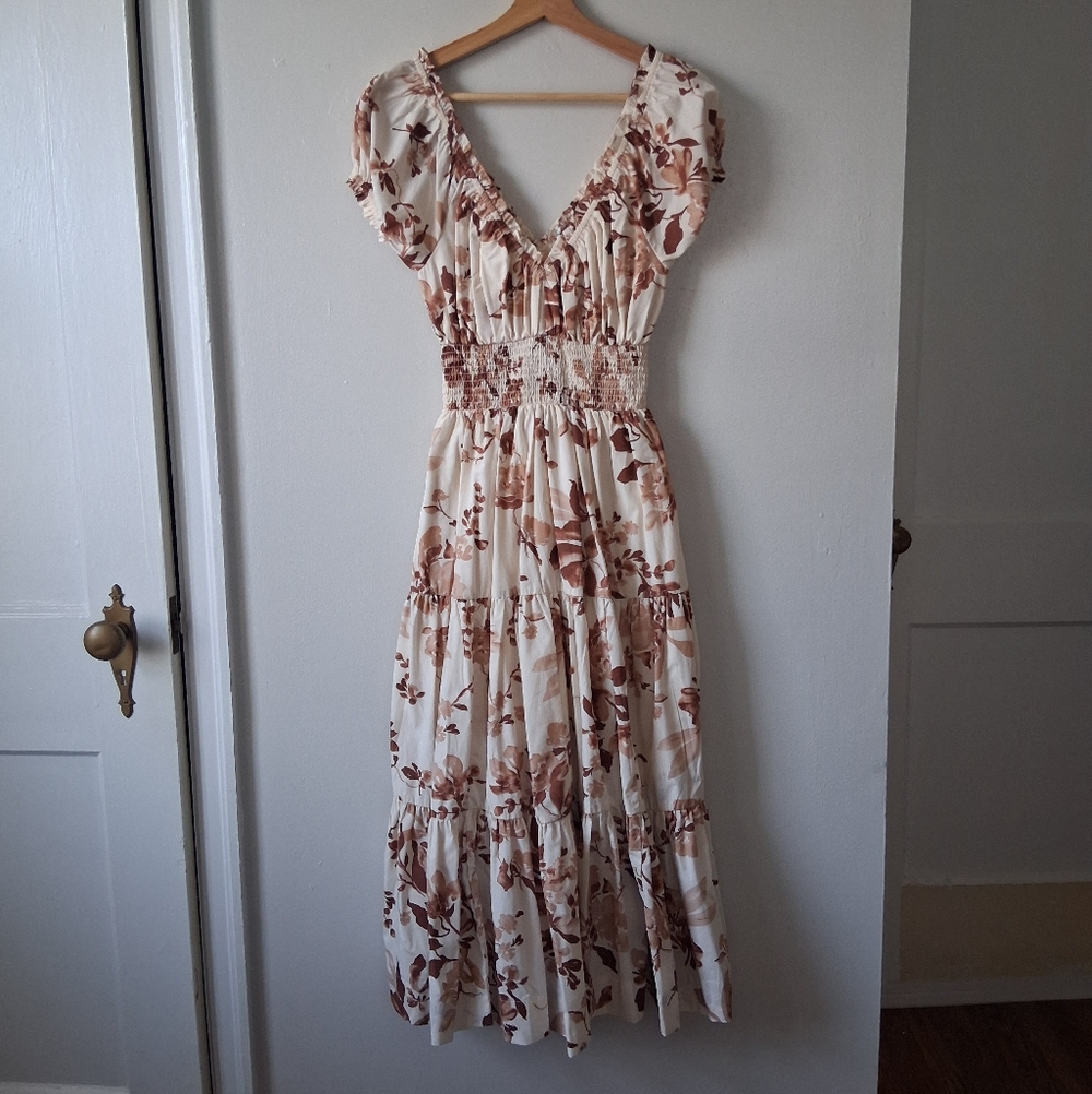 Abercrombie & Fitch Cream Floral Smocked Tiered Dress Cotton & Poly Mix